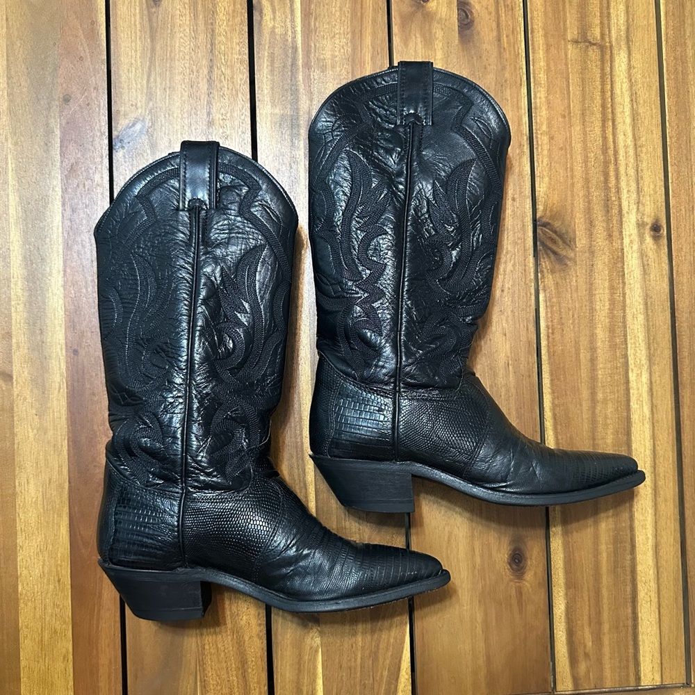 Justin Boots Black Embossed Lizard Leather Western Boots